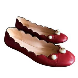 Gucci Red Scalloped Leather Interlocking G Faux Pearl Ballet Flats EU 37 US 7